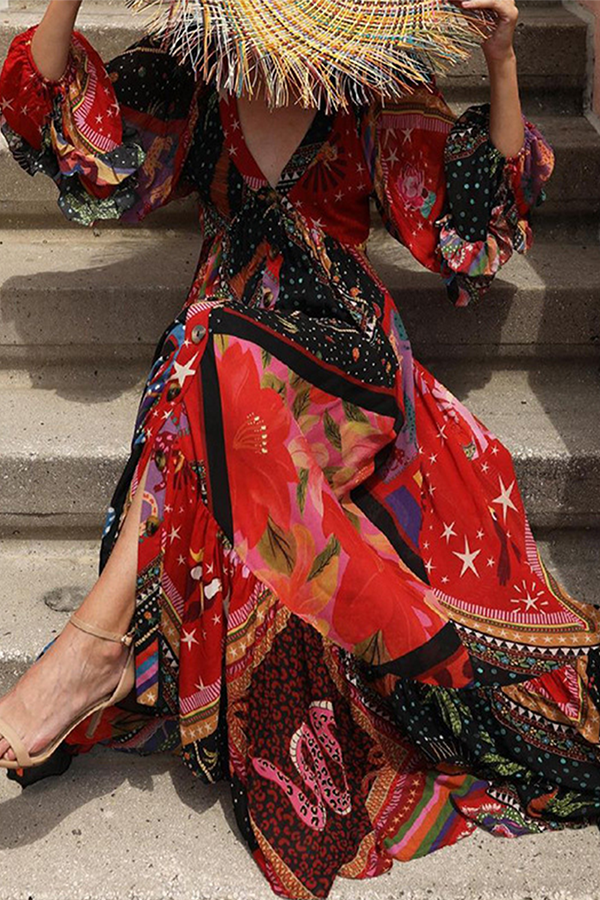 Fl Patchwork Applique Boho Dress