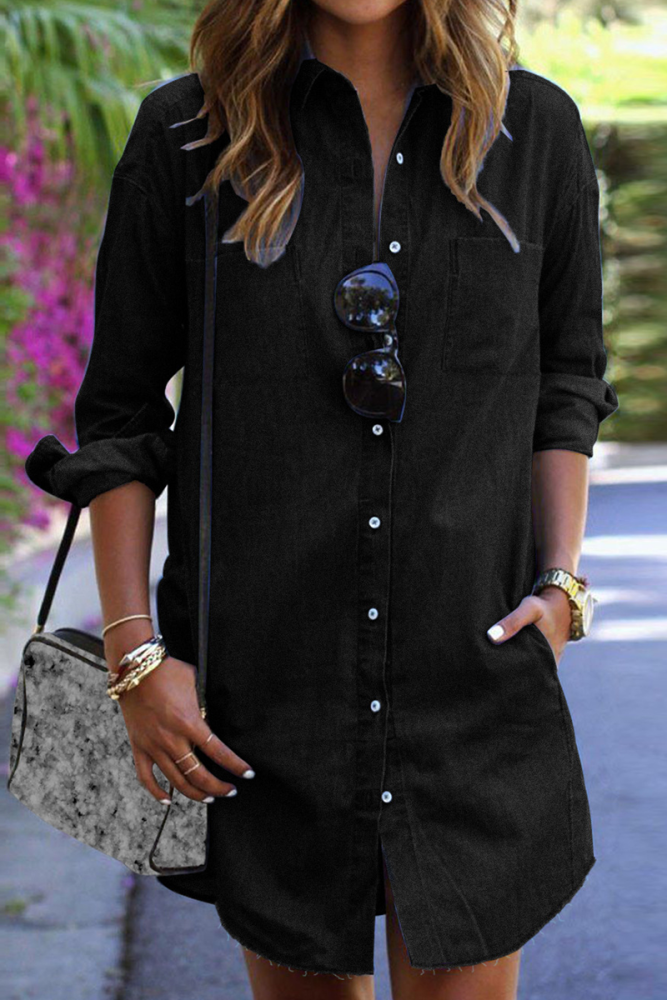 Casual Solid Patchwork Turndown Collar Shirt Dress