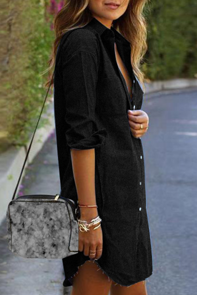 Casual Solid Patchwork Turndown Collar Shirt Dress