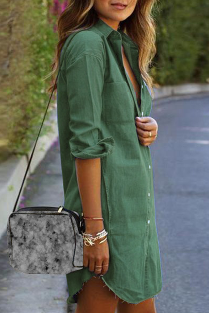 Casual Solid Patchwork Turndown Collar Shirt Dress
