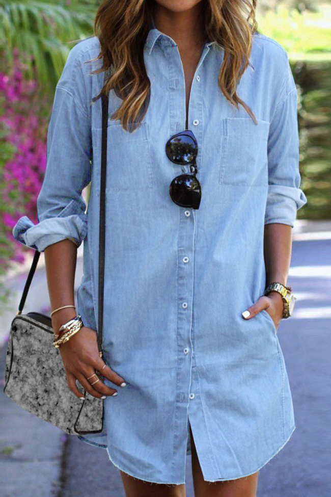 Casual Solid Patchwork Turndown Collar Shirt Dress