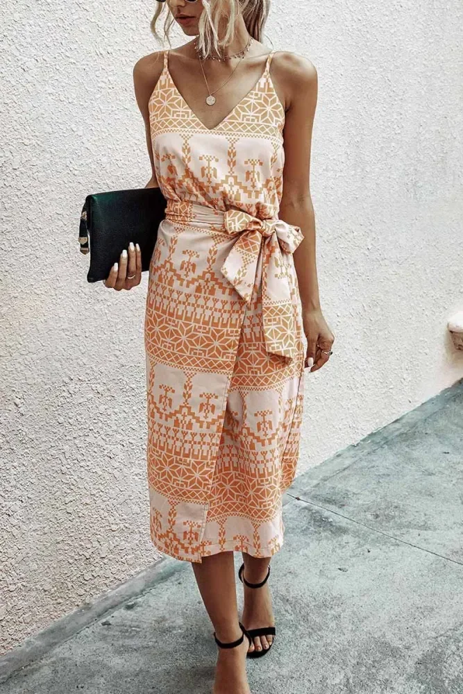 V Neck Print Dress With Belts(4 Colors)