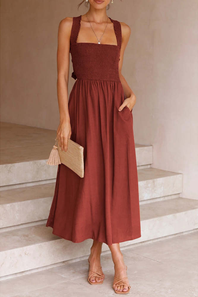 Casual Solid Patchwork Halter Waist Skirt Dress