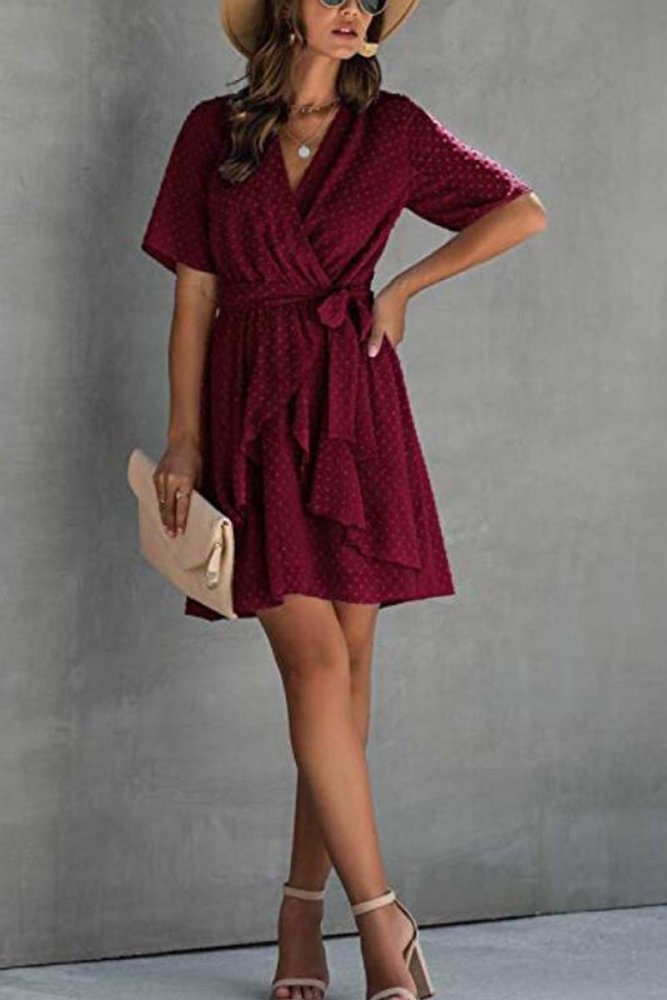 Swiss Dot V-Neck Dress With Belt(3 Colors)