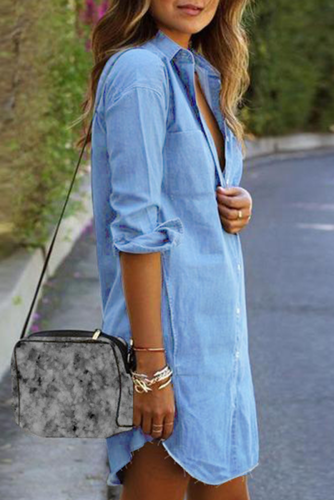 Casual Solid Patchwork Turndown Collar Shirt Dress