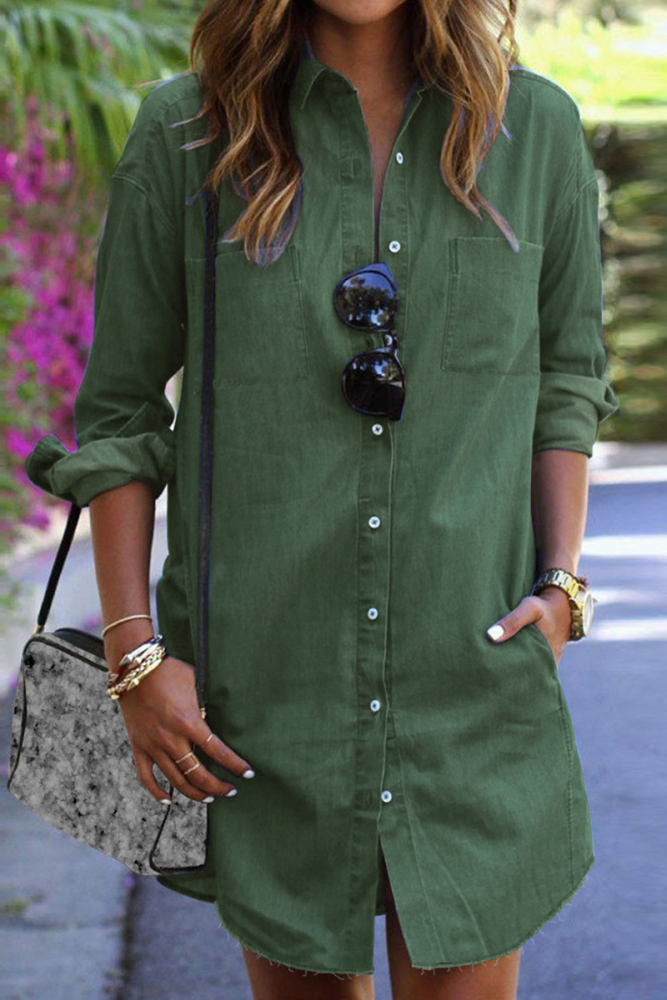 Casual Solid Patchwork Turndown Collar Shirt Dress