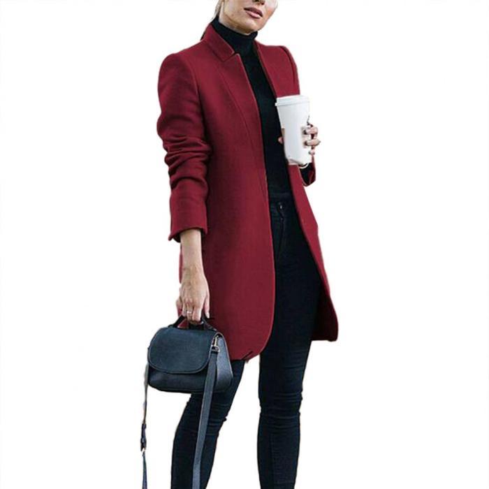 Solid Color Stand Collar Woolen Long Coat