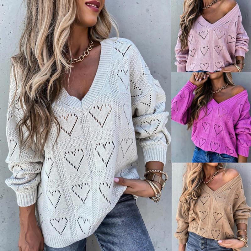 Women Love Heart Hollow Crochet Loose V Neck Long Sleeve Casual Knitwear Sweater