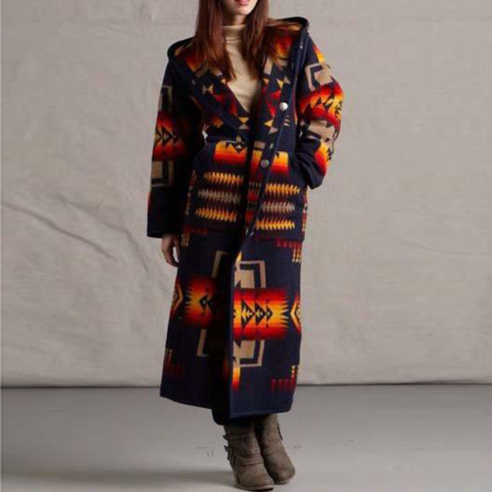 Women Fashion Print Hooded Loose Coat