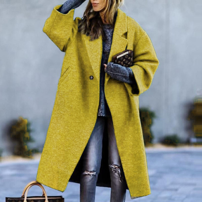 New Solid Color Lapel Loose-fitting Green Woolen Coat