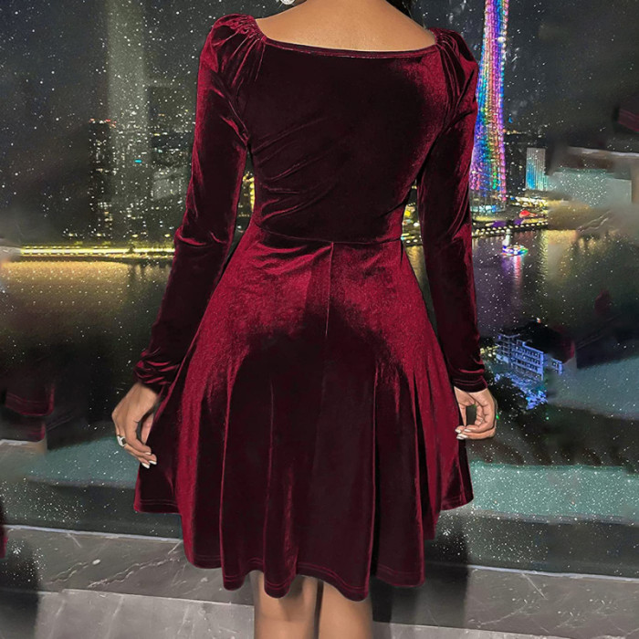 Retro Sexy Elegant High Waist Velvet Long Sleeve V Neck Slim Mini Dress