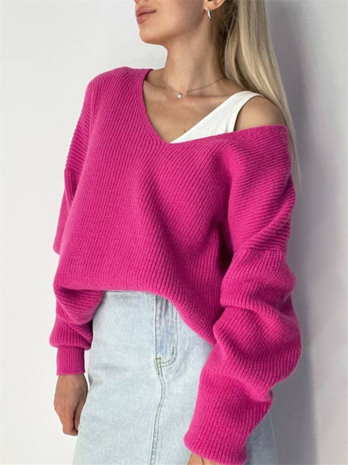 New In Women's V-neck Knitted Warm Thick Loose Casual Knitwear Sweater