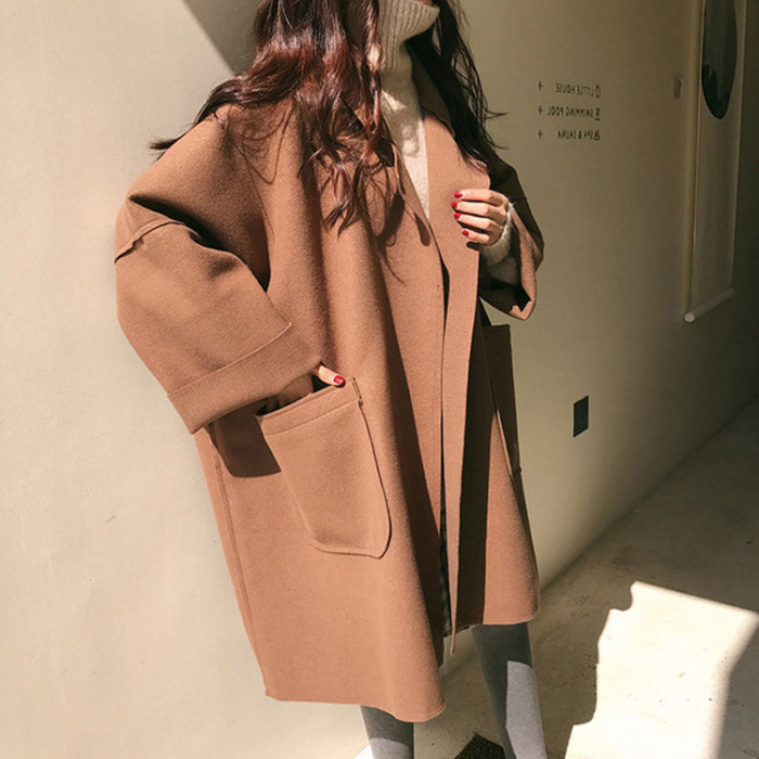 Elegant Woolen Vintage Mid-Length Loose Turn-Down Collar Coat