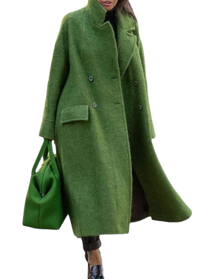 New Solid Color Lapel Loose-fitting Green Woolen Coat