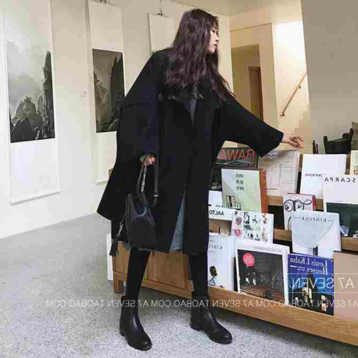 Elegant Woolen Vintage Mid-Length Loose Turn-Down Collar Coat