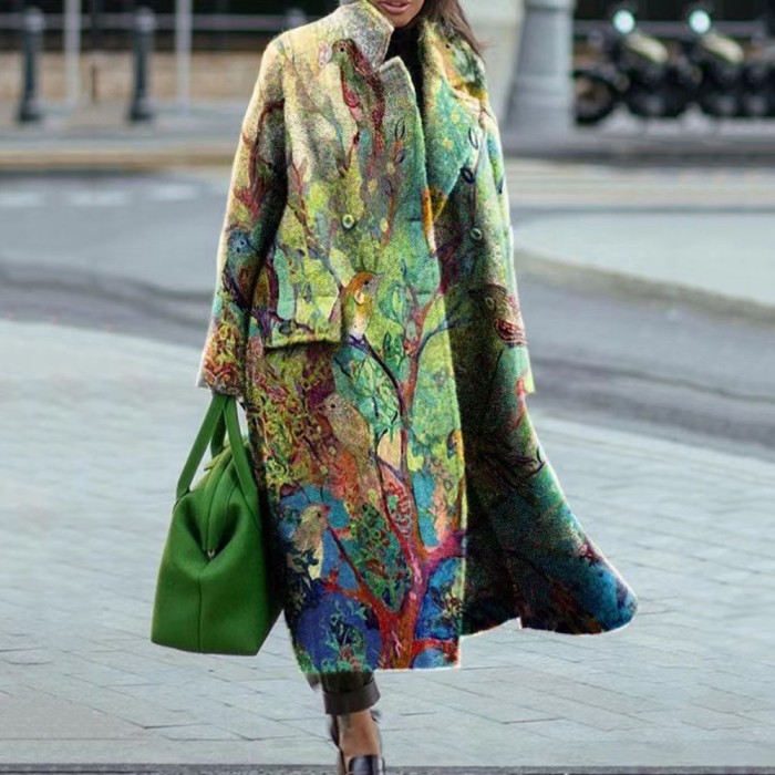 Elegant Fashion Floral Print Women Blend Wool Coat