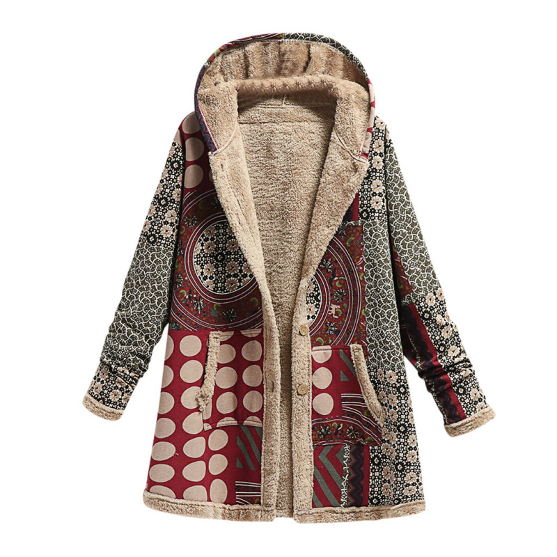 Women's Cotton linen Print Hooded Warm Plush Jacket