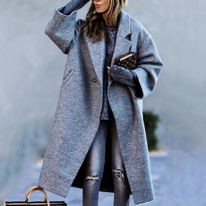 New Solid Color Lapel Loose-fitting Green Woolen Coat