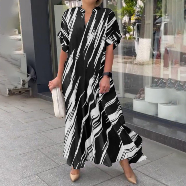 STRIPED SHORT SLEEVE A-LINE TUNIC MAXI DRESS