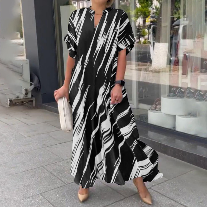 Women Striped Printed V Neck Casual Maxi Dress