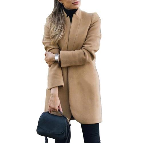 Solid Color Stand Collar Woolen Long Coat