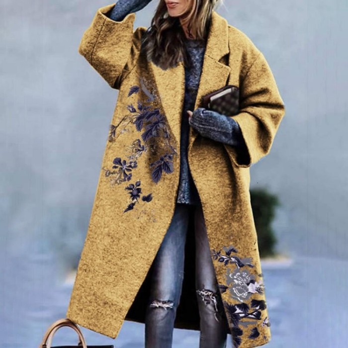 Elegant Fashion Floral Print Women Blend Wool Coat