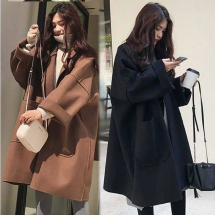 Elegant Woolen Vintage Mid-Length Loose Turn-Down Collar Coat