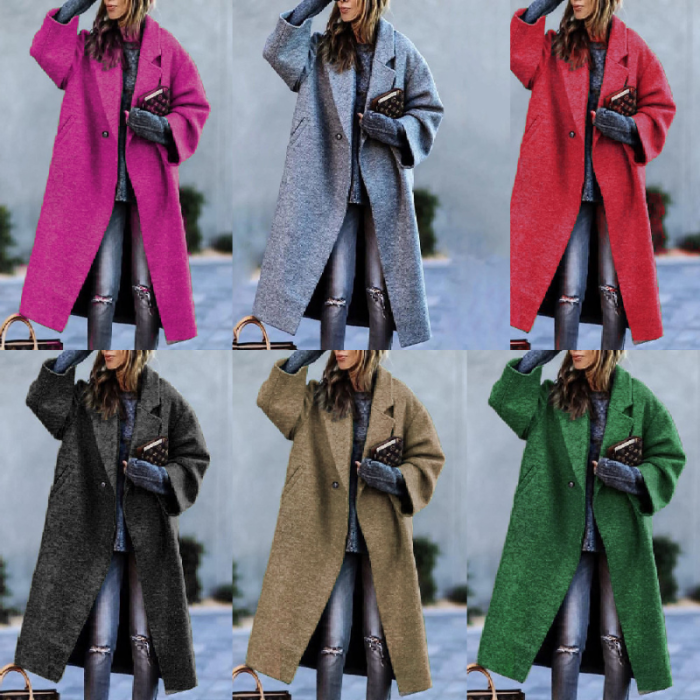 New Solid Color Lapel Loose-fitting Green Woolen Coat