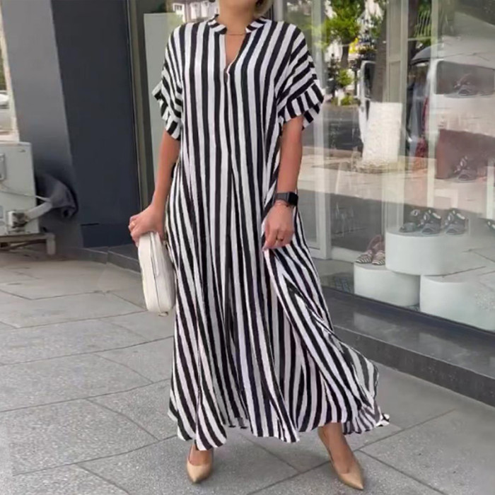 Women Striped Printed V Neck Casual Maxi Dress