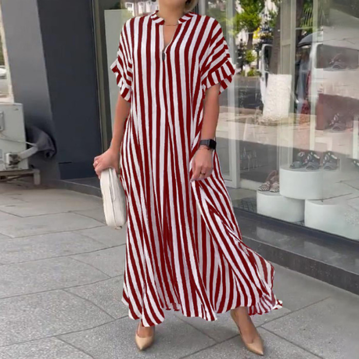 Women Striped Printed V Neck Casual Maxi Dress