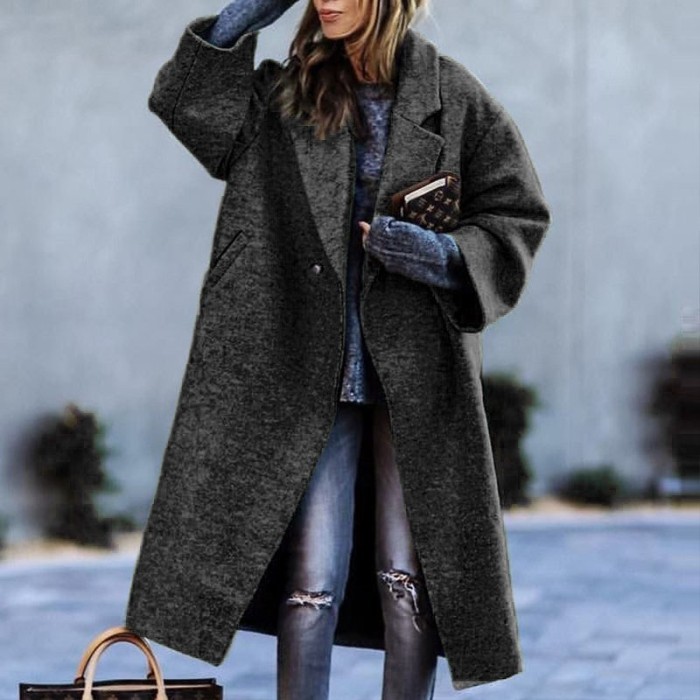 New Solid Color Lapel Loose-fitting Green Woolen Coat