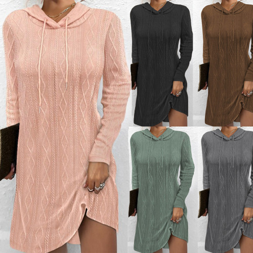 Elegant New Long-sleeved Hooded Solid Color Vintage Sweater Dress