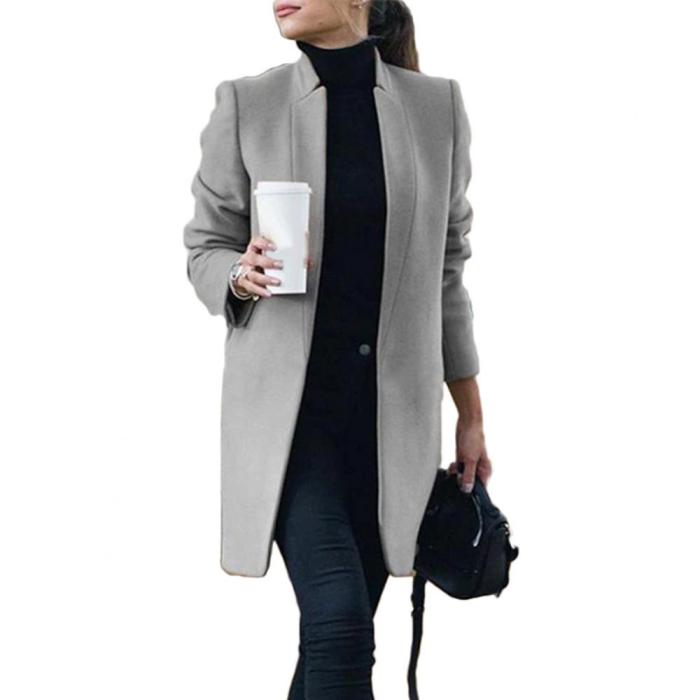 Solid Color Stand Collar Woolen Long Coat