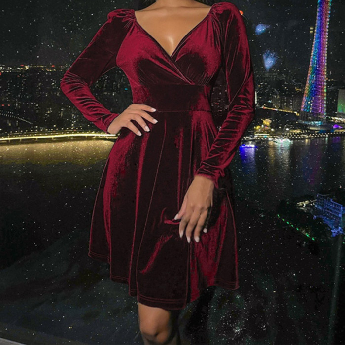 Retro Sexy Elegant High Waist Velvet Long Sleeve V Neck Slim Mini Dress
