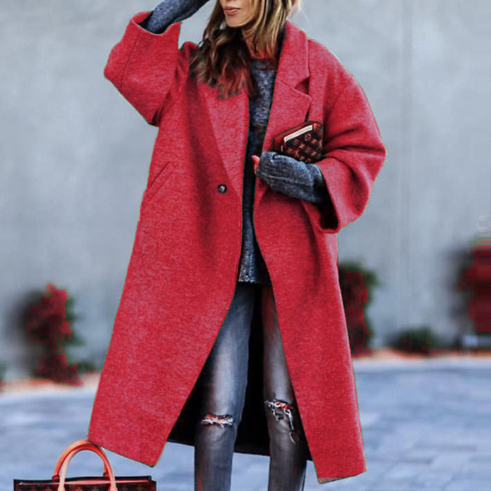 New Solid Color Lapel Loose-fitting Green Woolen Coat
