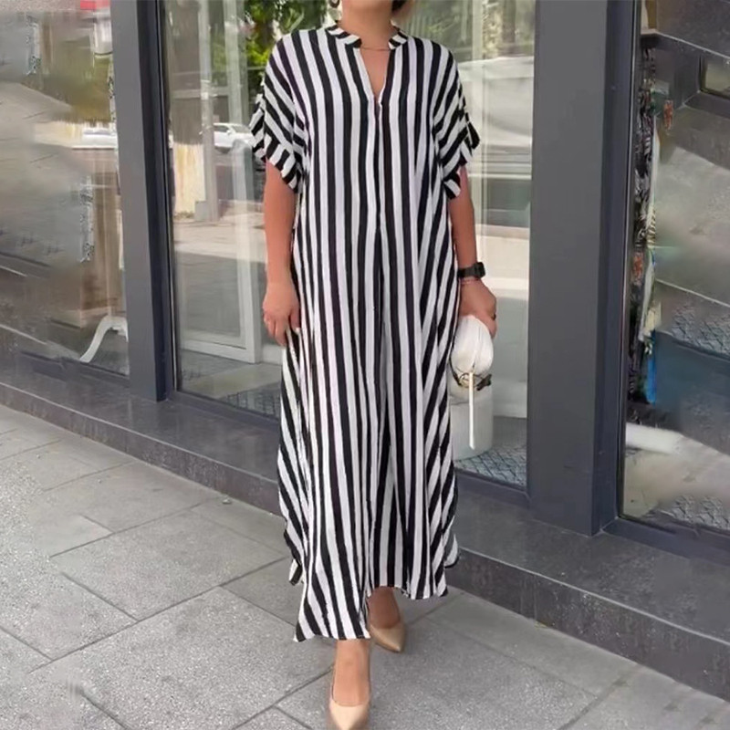 Women Striped Printed V Neck Casual Maxi Dress