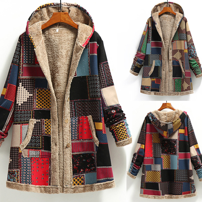 Women's Cotton linen Print Hooded Warm Plush Jacket