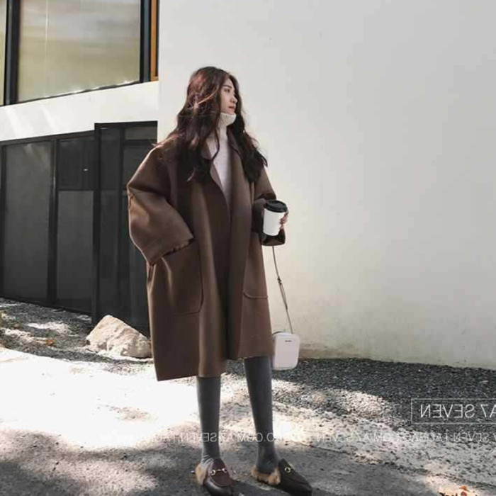 Elegant Woolen Vintage Mid-Length Loose Turn-Down Collar Coat