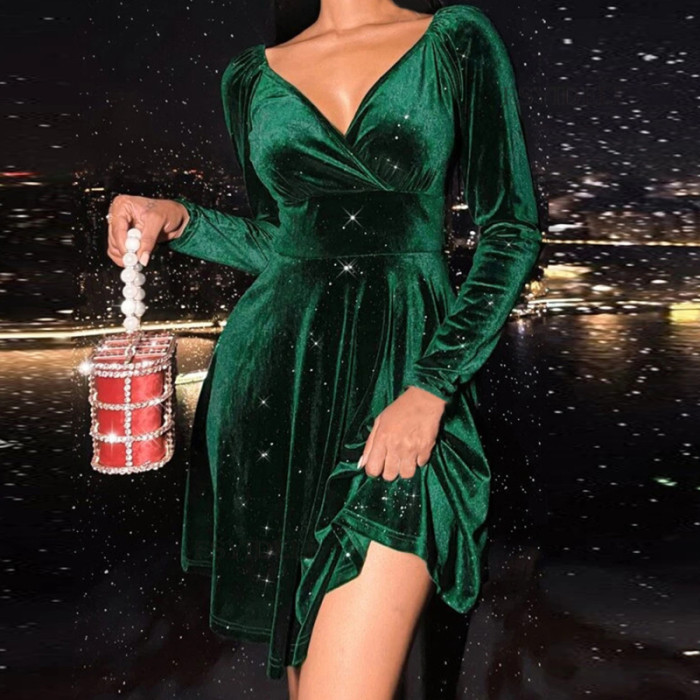 Retro Sexy Elegant High Waist Velvet Long Sleeve V Neck Slim Mini Dress