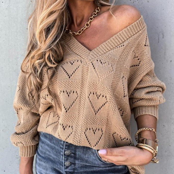 Women Love Heart Hollow Crochet Loose V Neck Long Sleeve Casual Knitwear Sweater
