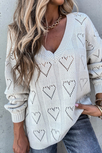 Women Love Heart Hollow Crochet Loose V Neck Long Sleeve Casual Knitwear Sweater