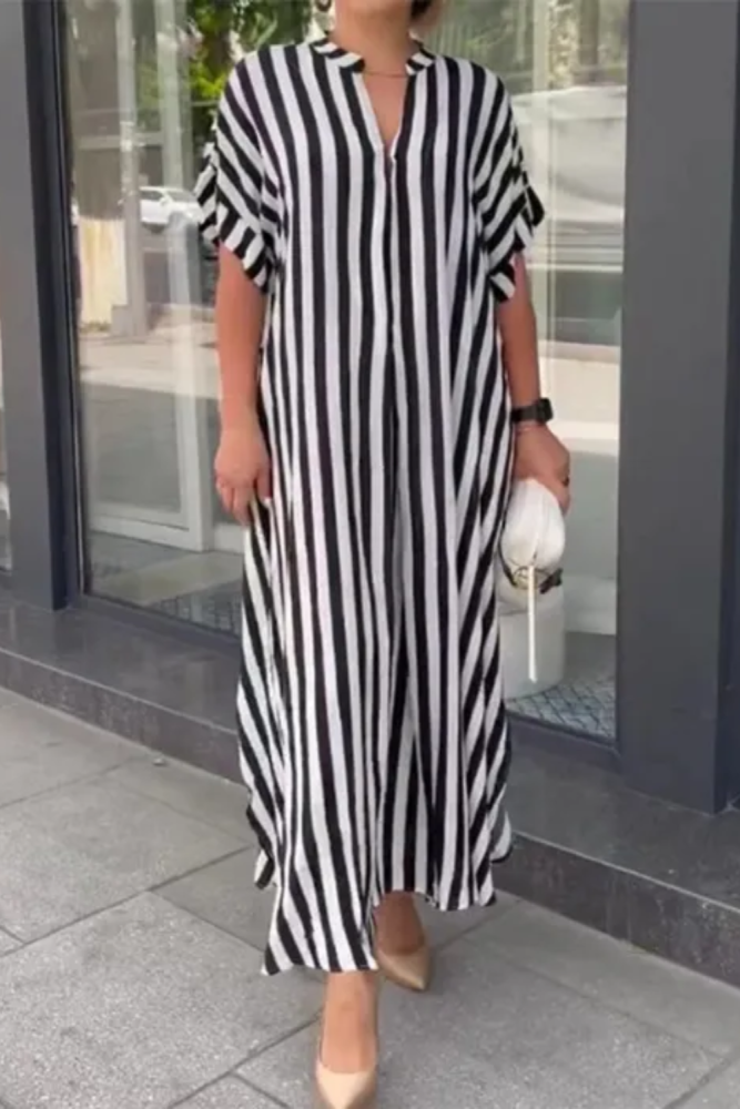 Women Striped Printed V Neck Casual Maxi Dress