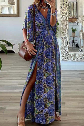 Bohemian Vintage Print Slit V Neck A Line Dresses(6 Colors)