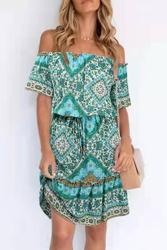 Bohemian Print Patchwork Off the Shoulder A Line Dresses