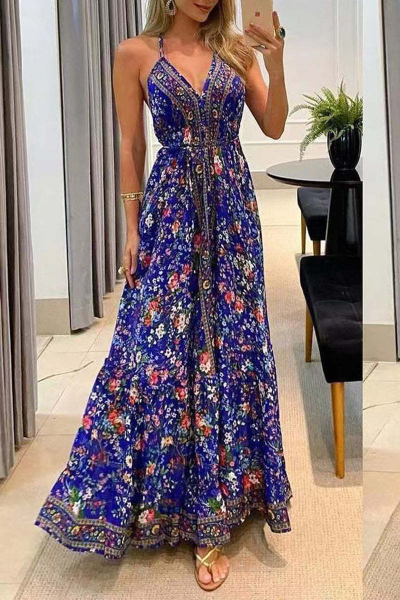 Bohemian College Floral Frenulum V Neck Printed Dress Dresses(6 Colors) main image 0