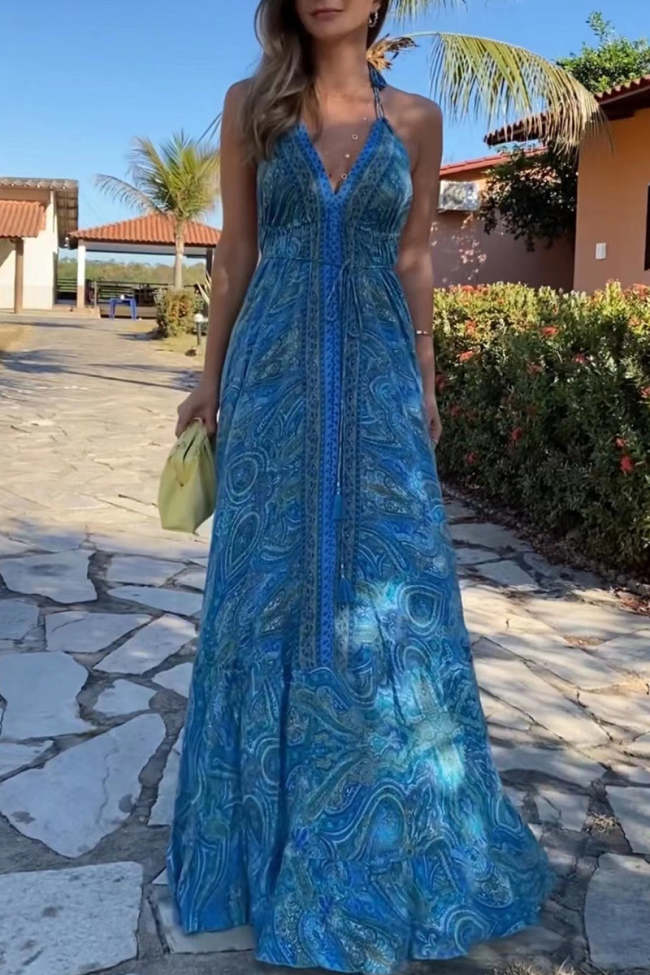 Bohemian College National Totem Patchwork V Neck Printed Dress Dresses ...