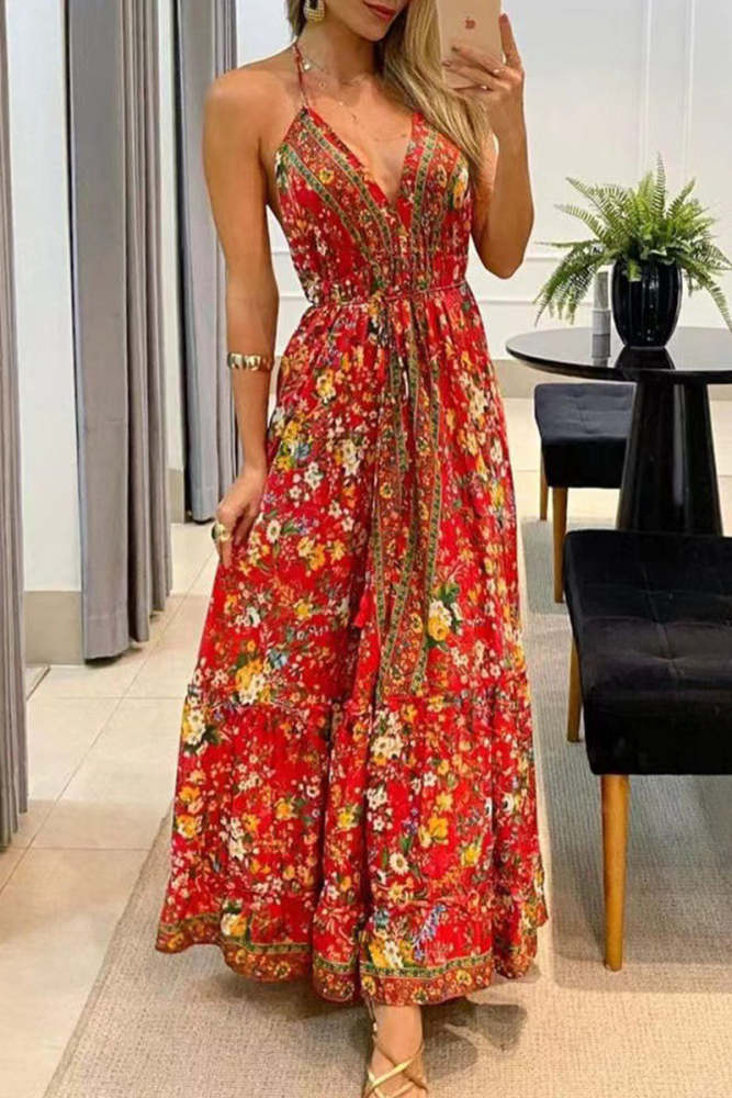 Bohemian College National Totem Patchwork V Neck Printed Dress Dresses(7 Colors)
