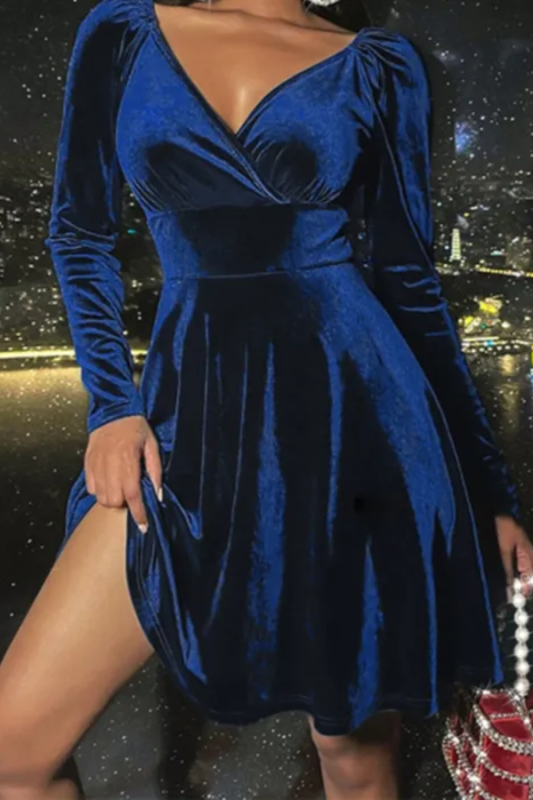 Retro Sexy Elegant High Waist Velvet Long Sleeve V Neck Slim Mini Dress