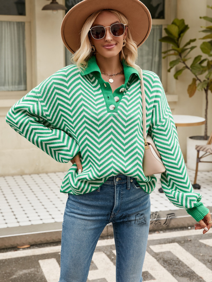 New Women's Fashion Striped Knit Long Sleeve Lapel Sweater
