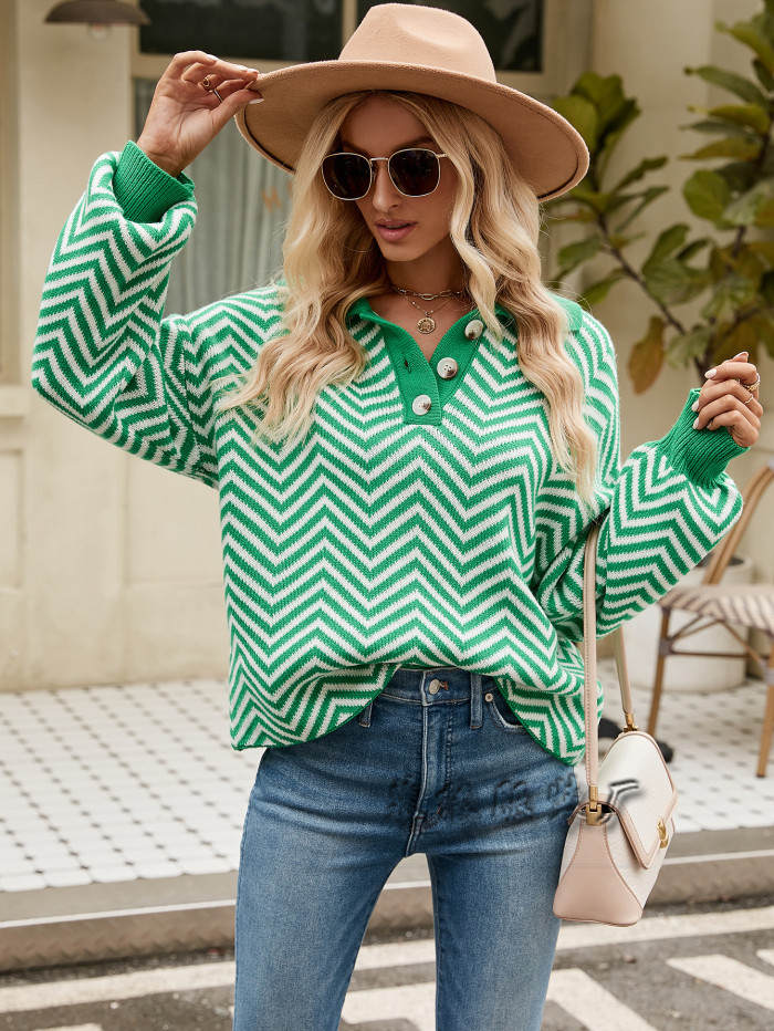 New Women's Fashion Striped Knit Long Sleeve Lapel Sweater